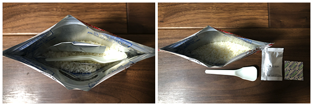 【安心米（梅がゆ）の作り方】手順1：袋から脱酸素剤とスプーンを取り出す